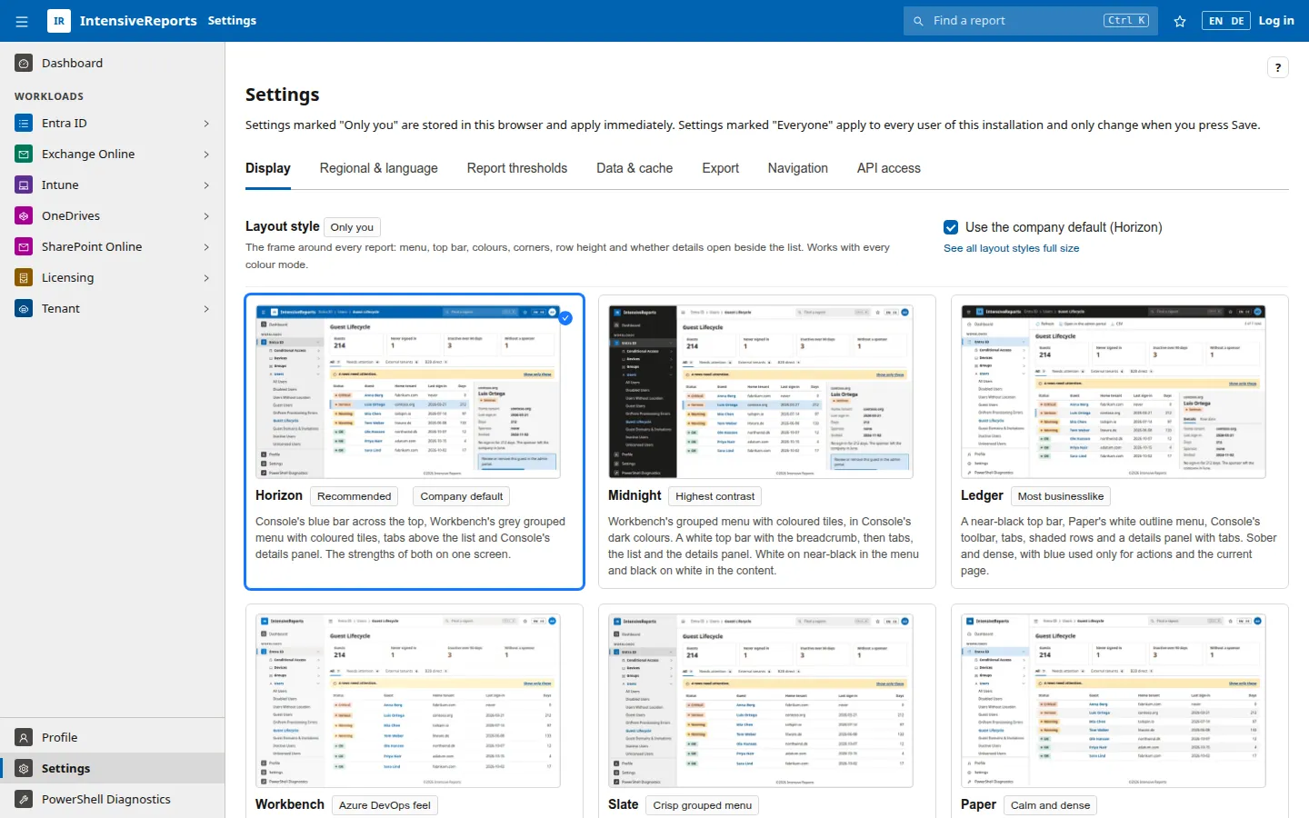 The Settings page